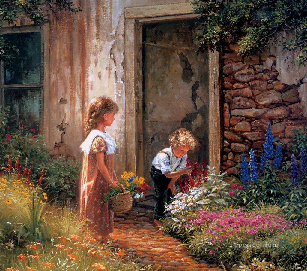 enfants ramasser des fleurs Peintures à l'huile